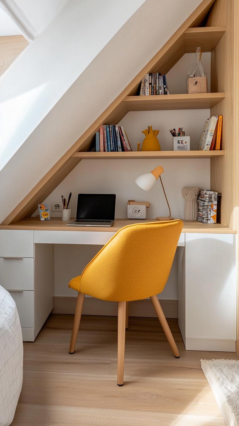 15 Genius Small attic bedroom ideas to maximize the room 23 7. Multifunctional desk & shelves Combination: A slim L-shaped desk that is integrated in overhead and underdesk shelf-2