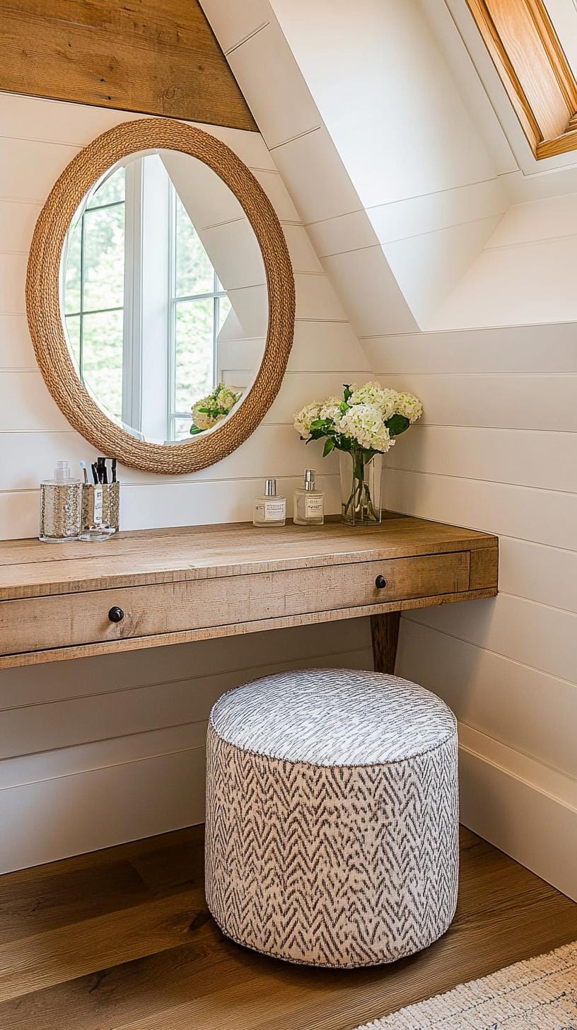 15 Genius Small attic bedroom ideas to maximize the room 37 12. Corner of beauty corner with rotary mirror: a hidden vanity with a rotary mirror for the simple accessibility-2