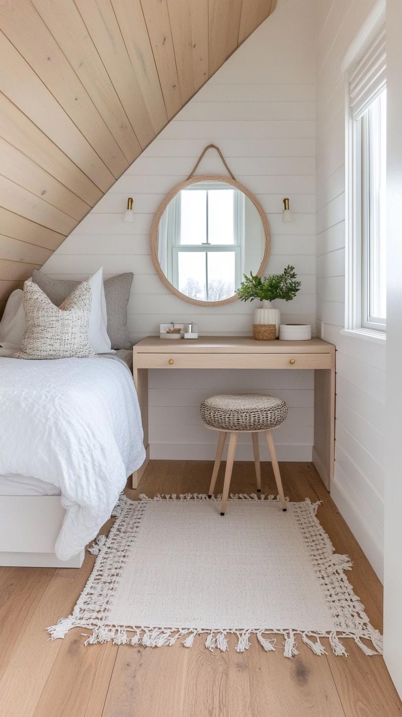 15 Genius Small attic bedroom ideas to maximize the room 36 12. Corner of beauty corner with rotary mirror: a hidden vanity with a rotary mirror for the simple accessibility-1