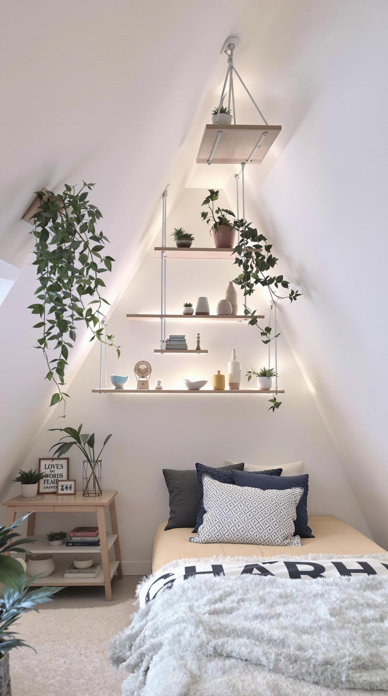 15 Genius Small attic bedroom ideas to maximize the room 44 15. Decorative hanging shelves: Add flair with artistic shelves hanging on the ceiling, suitable for Light Decor article-1