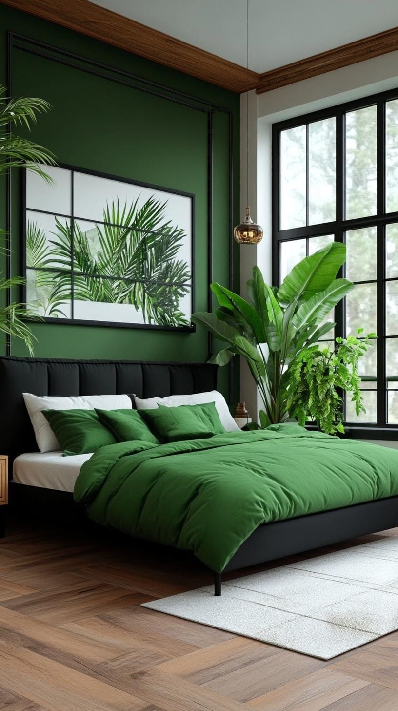 20 elegant black and green bedroom ideas that you have to see 4 1. Urban jungle retreat: combine lush green plants with black metal bed frame for an industrial-chic mood-1