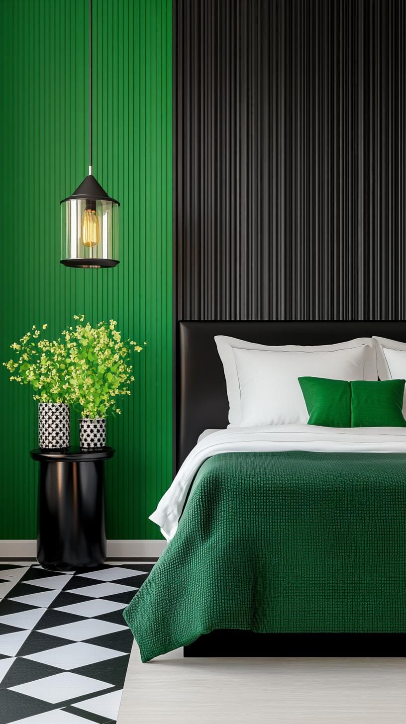 20 elegant black and green bedroom ideas that you have to see 11 3 .. Monochrome Magic: Use a chessboard pattern with alternating black and deep-green wallpapers for a brave impact-2