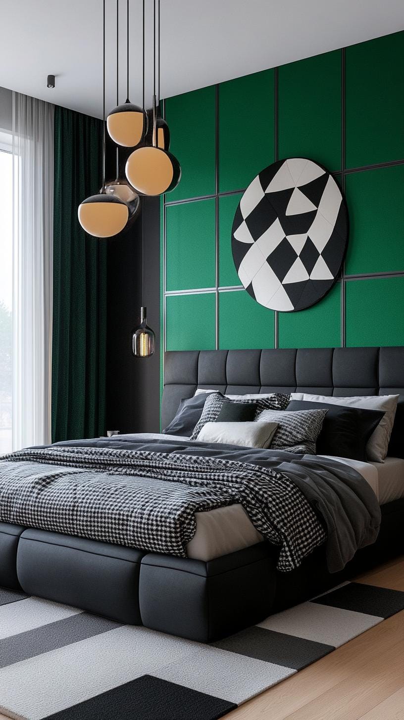20 elegant black and green bedroom ideas that you have to see 10 3 .. Monochrome magic: Use a chessboard pattern with alternating black and deep-green wallpapers for a brave impact-1