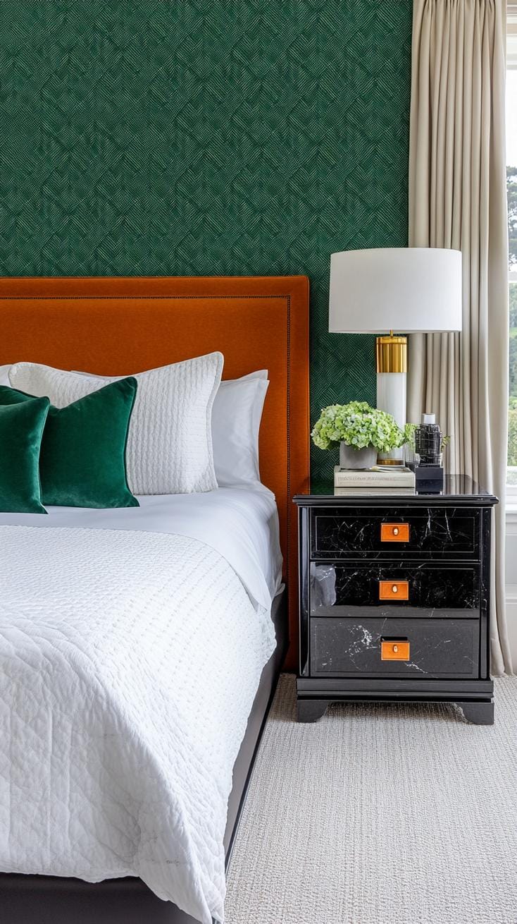 20 elegant black and green bedroom ideas that you have to see 19 6. Art Deco Luxe: Use green geometric wallpaper with black marble-side tables for a nostalgic glamor-vibe-1