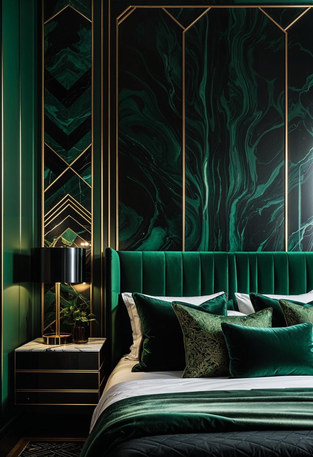 20 elegant black and green bedroom ideas that you have to see 20 6. Art Deco Luxe: Use green geometric wallpaper with black marble-side tables for a nostalgic glamor-vibe-2