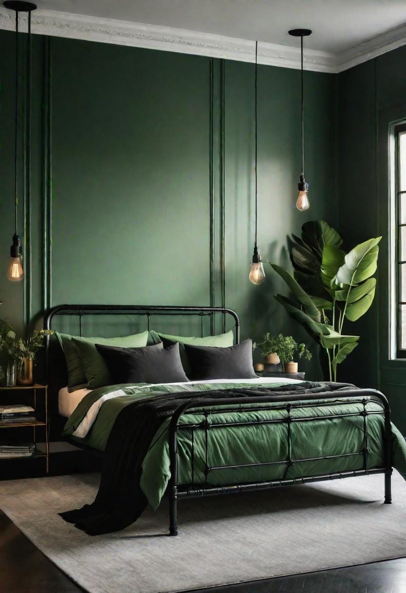 20 elegant black and green bedroom ideas that you have to see 23 7. Earth meets metal: introduce black wrought-iron bed frames, which with natural green bed tones-2 in contrast