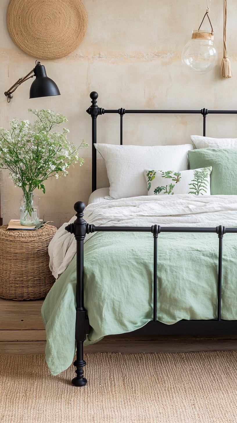 20 elegant black and green bedroom ideas that you have to see 22 7. Earth meets metal: bring black wrought iron bed frames.