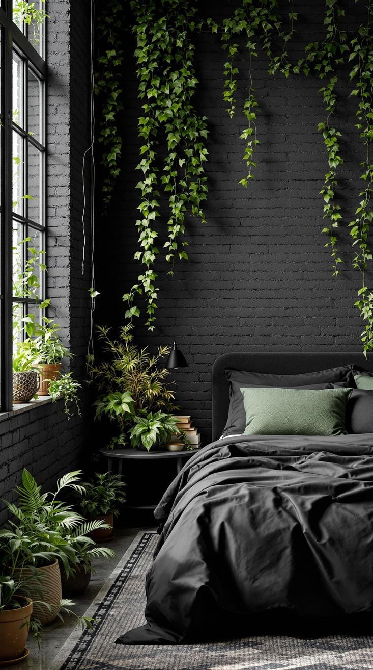 20 elegant black and green bedroom ideas that you have to see 32 10. Industrial envy: Discover black brick walls with ivy or climbing plants for this rustic loft-impression-2