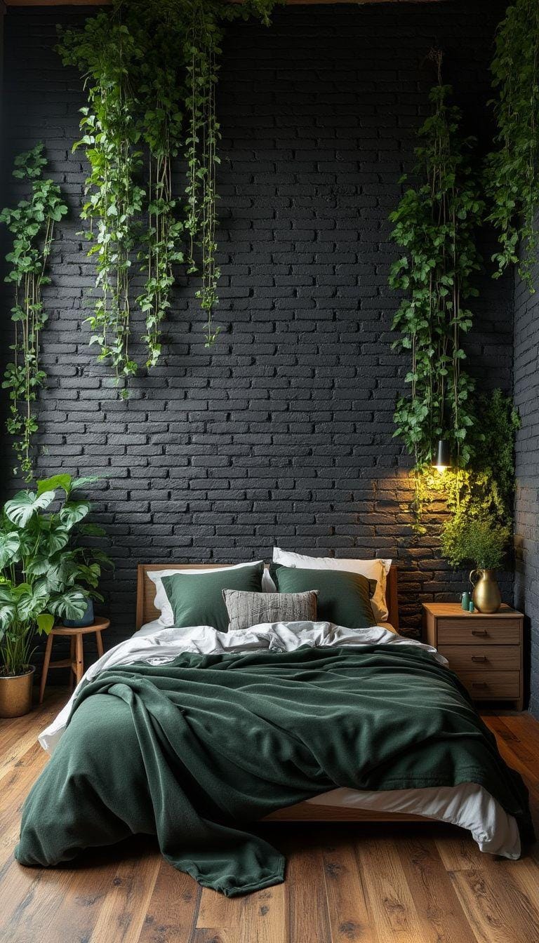 20 elegant black and green bedroom ideas you have to see 31 10. Industrial envy: Discover black brick walls with ivy or climbing plants for this rustic loft-impression-1