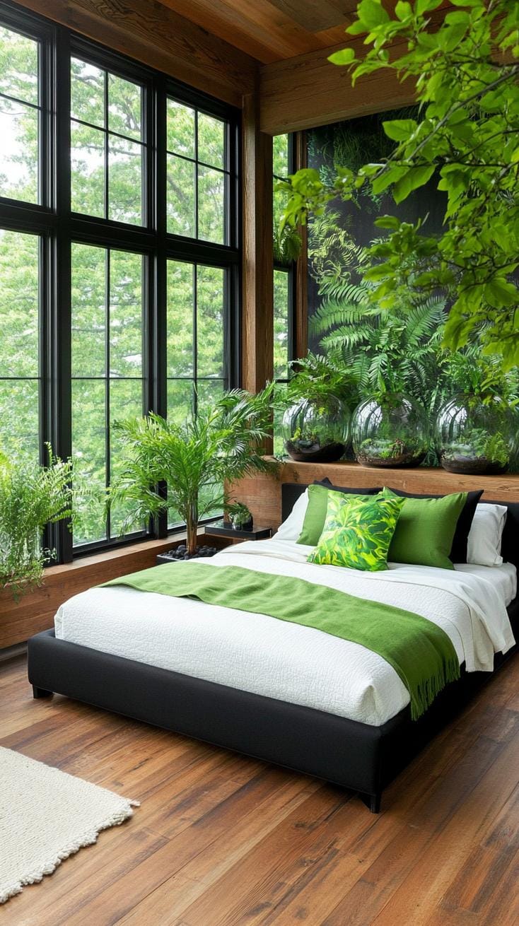 20 elegant black and green bedroom ideas that you have to see 26 8. Botanical burst: Design a room with black terrariums filled with green set against jungle-inspired murals-2