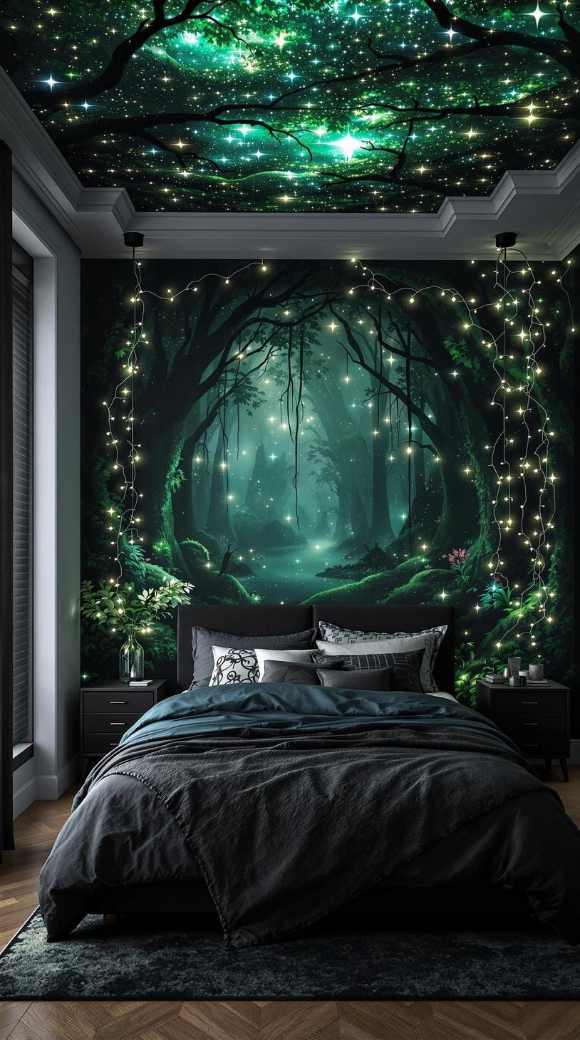 20 elegant black and green bedroom ideas that you have to see 44 14. Rooting wilderness: Listen fairy lights and green murals of enchanted forests with black furniture accents-1