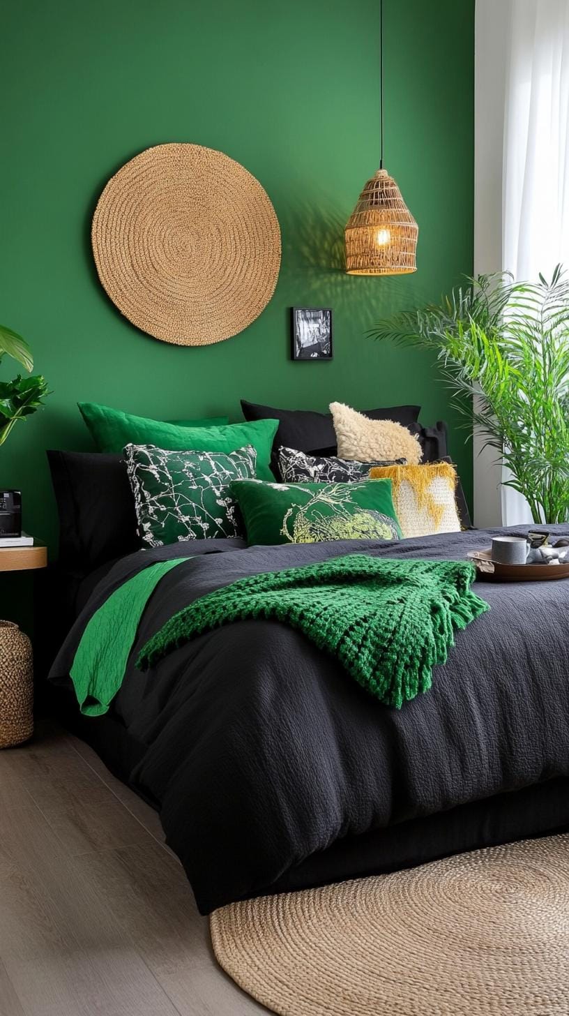 20 elegant black and green bedroom ideas that you have to see 57 18. Structured calm: Use black shag carpets with green synthetic leather head parts for tactile interest-2