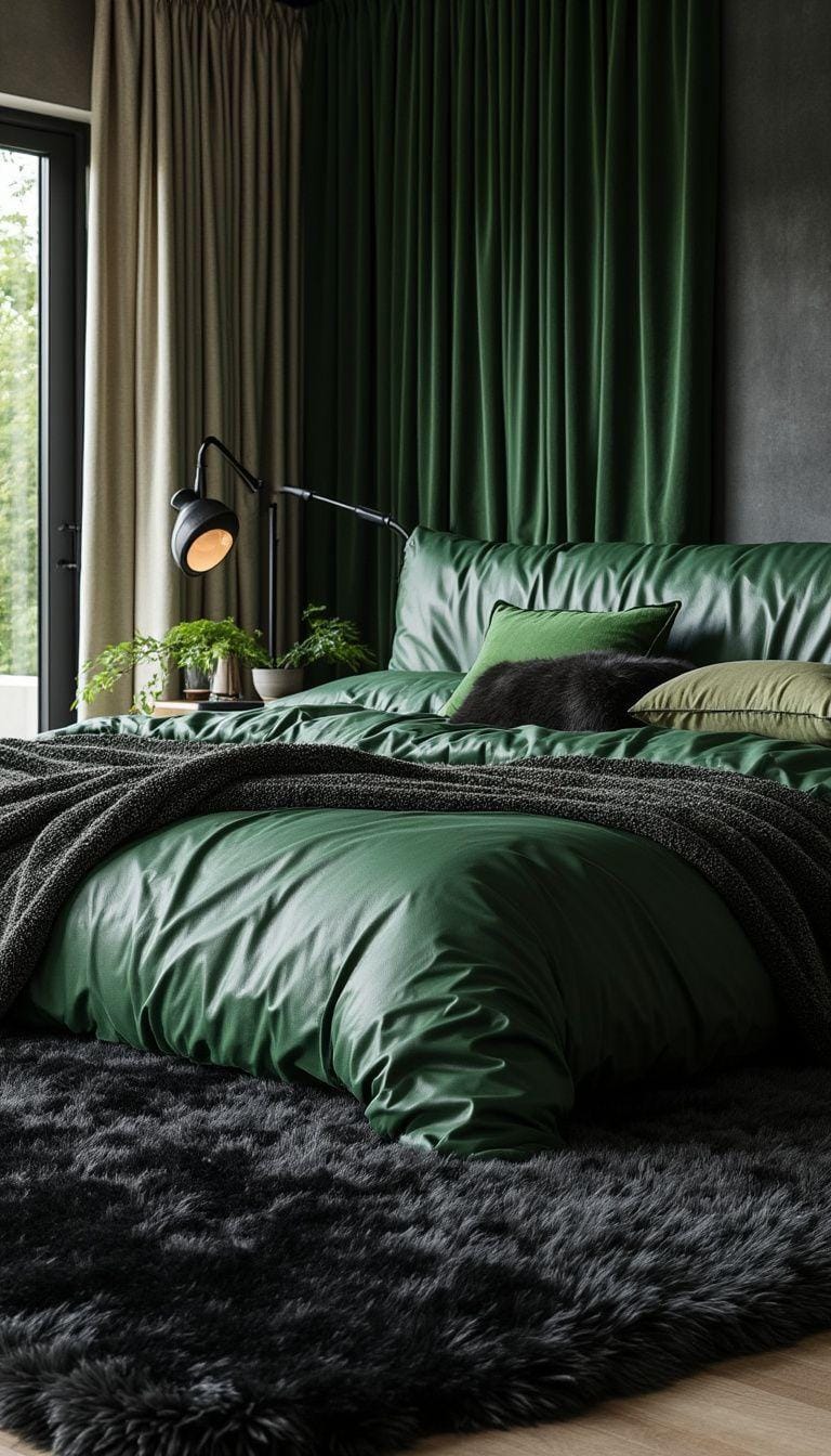 20 elegant black and green bedroom ideas that you have to see 56 18. Structured calm: Use black shag carpets with green synthetic leather head parts for tactile interest-1