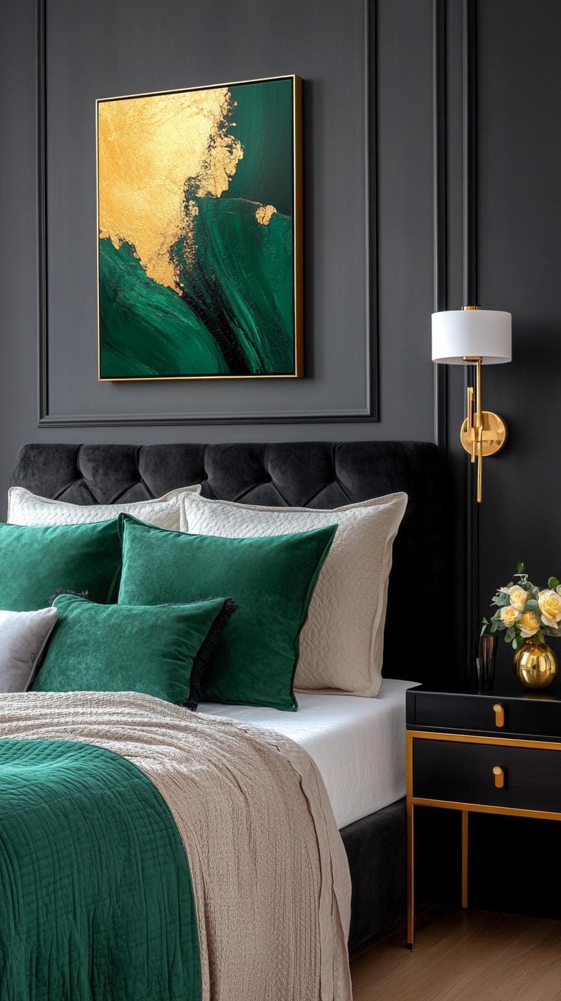 20 elegant black and green bedroom ideas you have to see 54 17. Abstract atmosphere: Integrate black and green abstract works of art with suitable textiles for vibrancy-2