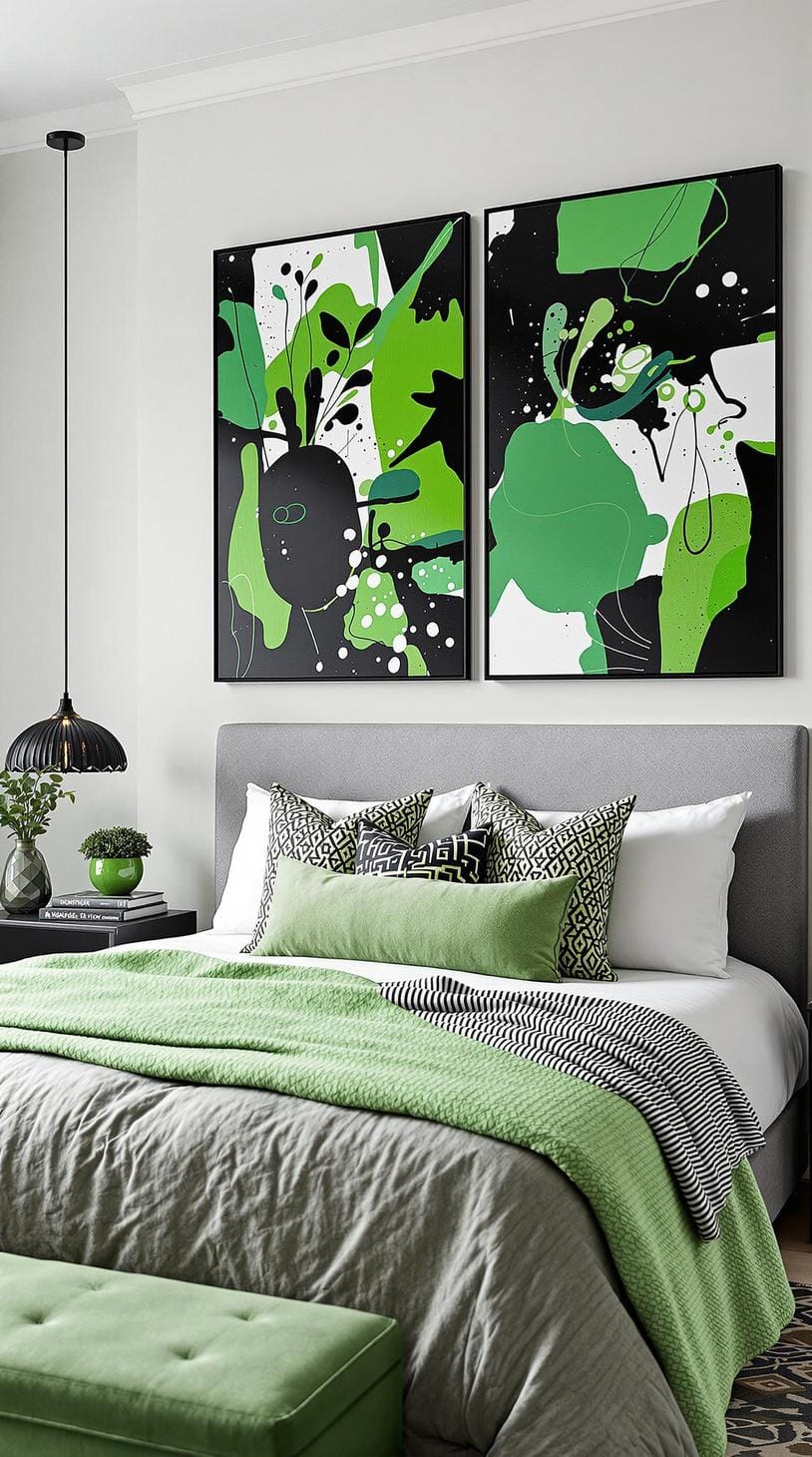 20 elegant black and green bedroom ideas that you have to see 53 17. Abstract atmosphere: Integrate black and green abstract works of art with suitable textiles for vibrancy-1