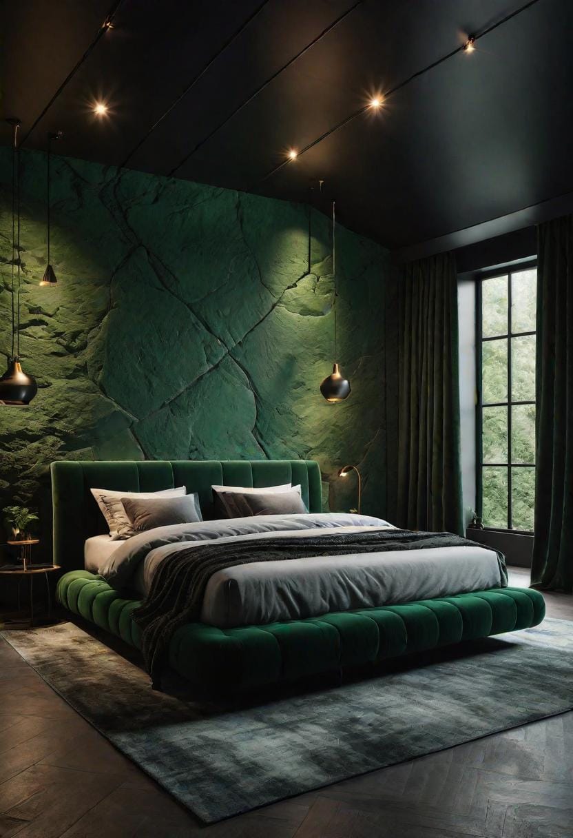 20 elegant black and green bedroom ideas you have to see 60 19. Contemplative caves: take a cave-like ambience with dark green stone walls and black ceiling lights-2