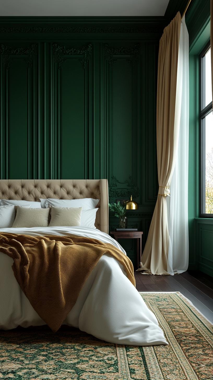 20 moody green bedroom ideas for a cozy retreat 4 1. EMARAGNOASE: Lush deep green walls paired with velvet curtains and brass accents for an opulent look-1