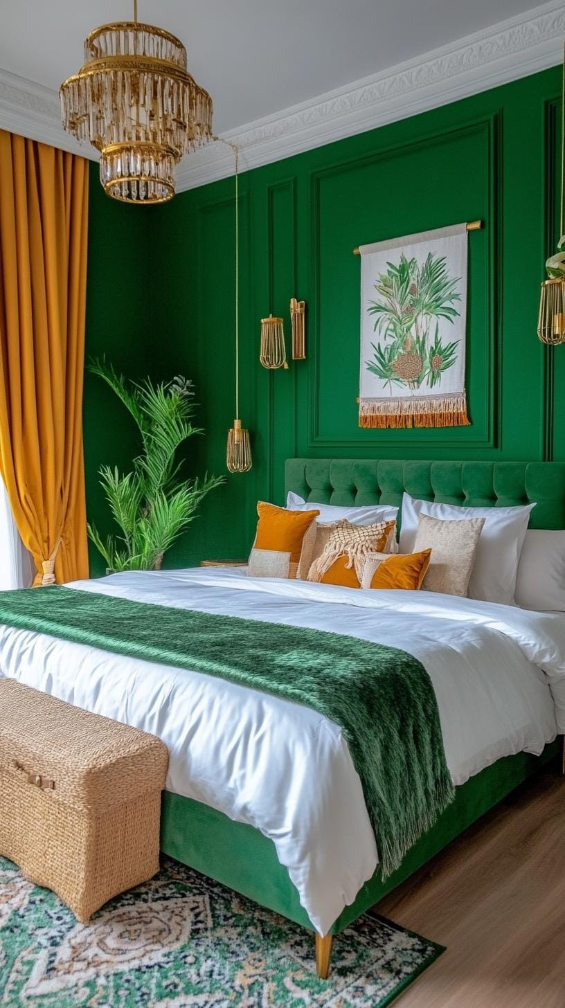 20 moody green bedroom ideas for a cozy retreat 5 1st emerald oasis: lush deep green walls paired with velvet curtains and brass accents for an opulent look-2