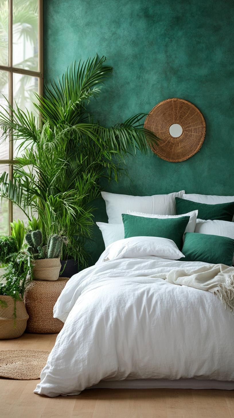 20 moody green bedroom ideas for a cozy retreat 11 3 .. Botanical sanctuary: Different green tones with lush inner plants against the background of moss-colored walls-1