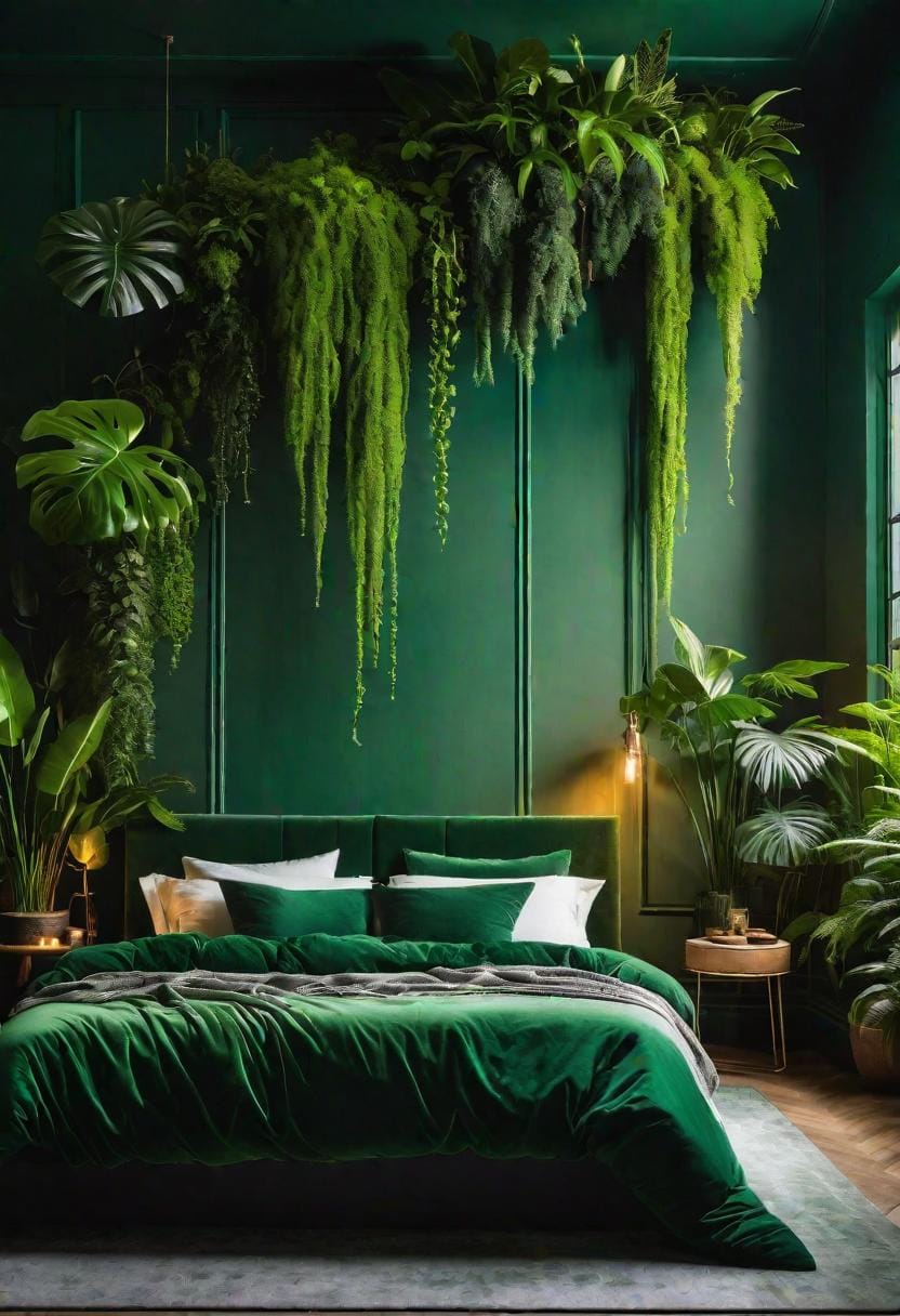 20 moody green bedroom ideas for a cozy retreat 12 3 .. Botanical sanctuary: Different green tones with lush inner plants against the background of moss color walls-2