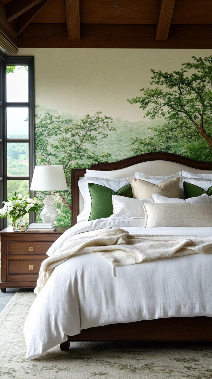 20 moody green bedroom ideas for a cozy retreat 21 6. Enchanted Woodland: Combine forest green with wallpaper with tree motifs and bizarre, fairytale lighting-2
