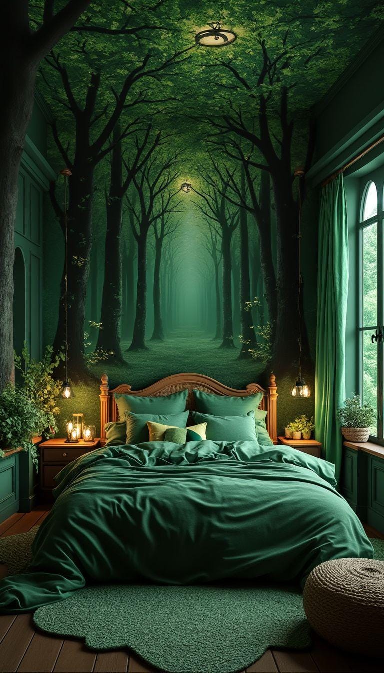 20 moody green bedroom ideas for a cozy retreat 20 20 6. Enchanted Woodland: Combine forest green with wallpaper with tree motifs and bizarre, fairytale lighting-1