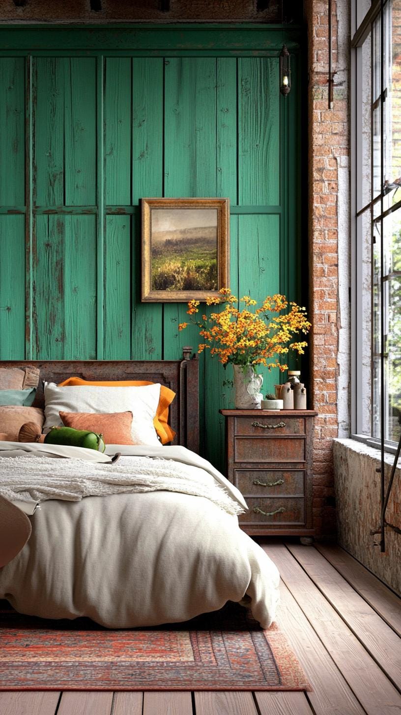 20 moody green bedroom ideas for a cozy retreat 32 10. Rustic industry: Use green patina surfaces on metals with weathered wood for rustic industrial mood-1