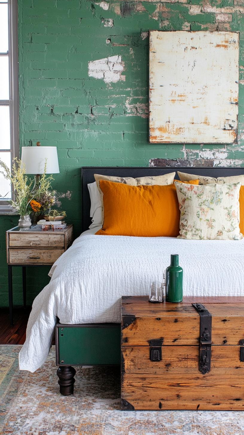 20 moody green bedroom ideas for a cozy retreat 33 10. Rustic industry: Use green patina surfaces on metals with weathered wood for rustic industrial mood-2