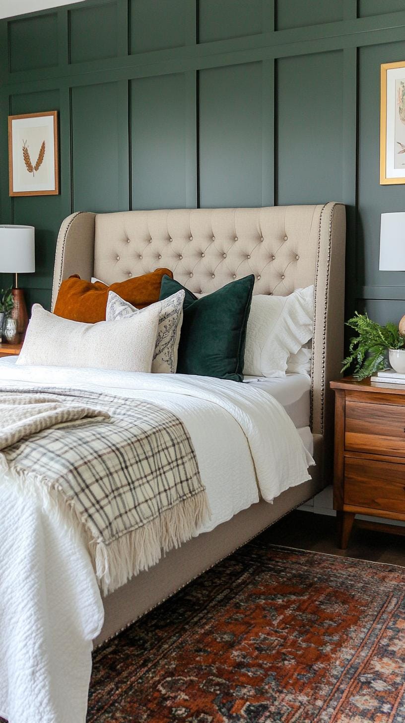 20 moody green bedroom ideas for a cozy retreat 36 11. Farmhouse Elegance: Mix Hunter Green with checkered textiles and needy furniture for a chic farmhouse look-2