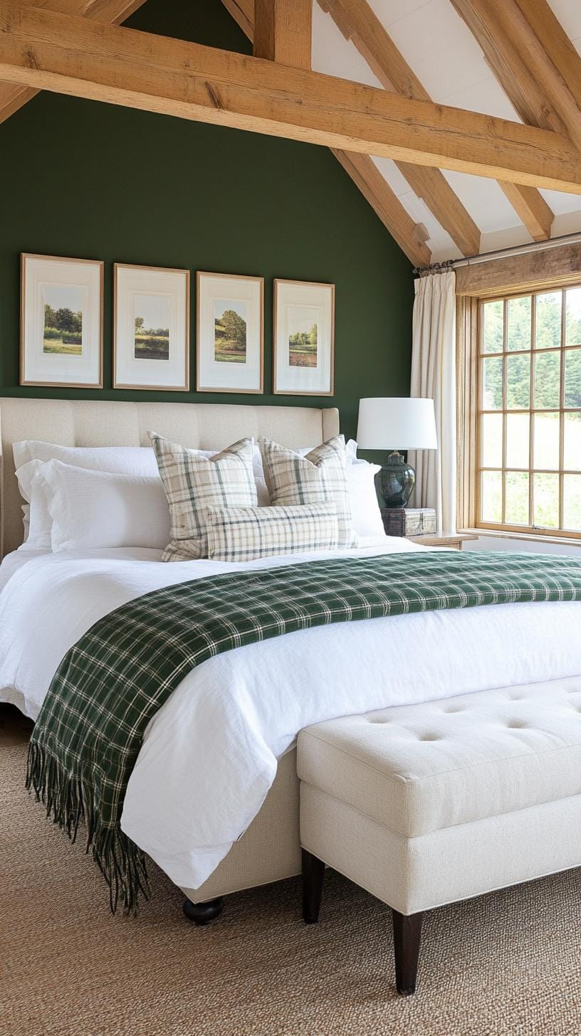 20 moody green bedroom ideas for a cozy retreat 35 11. Farmhouse Elegance: Mix Hunter Green with checkered textiles and needy furniture for a chic farmhouse look-1