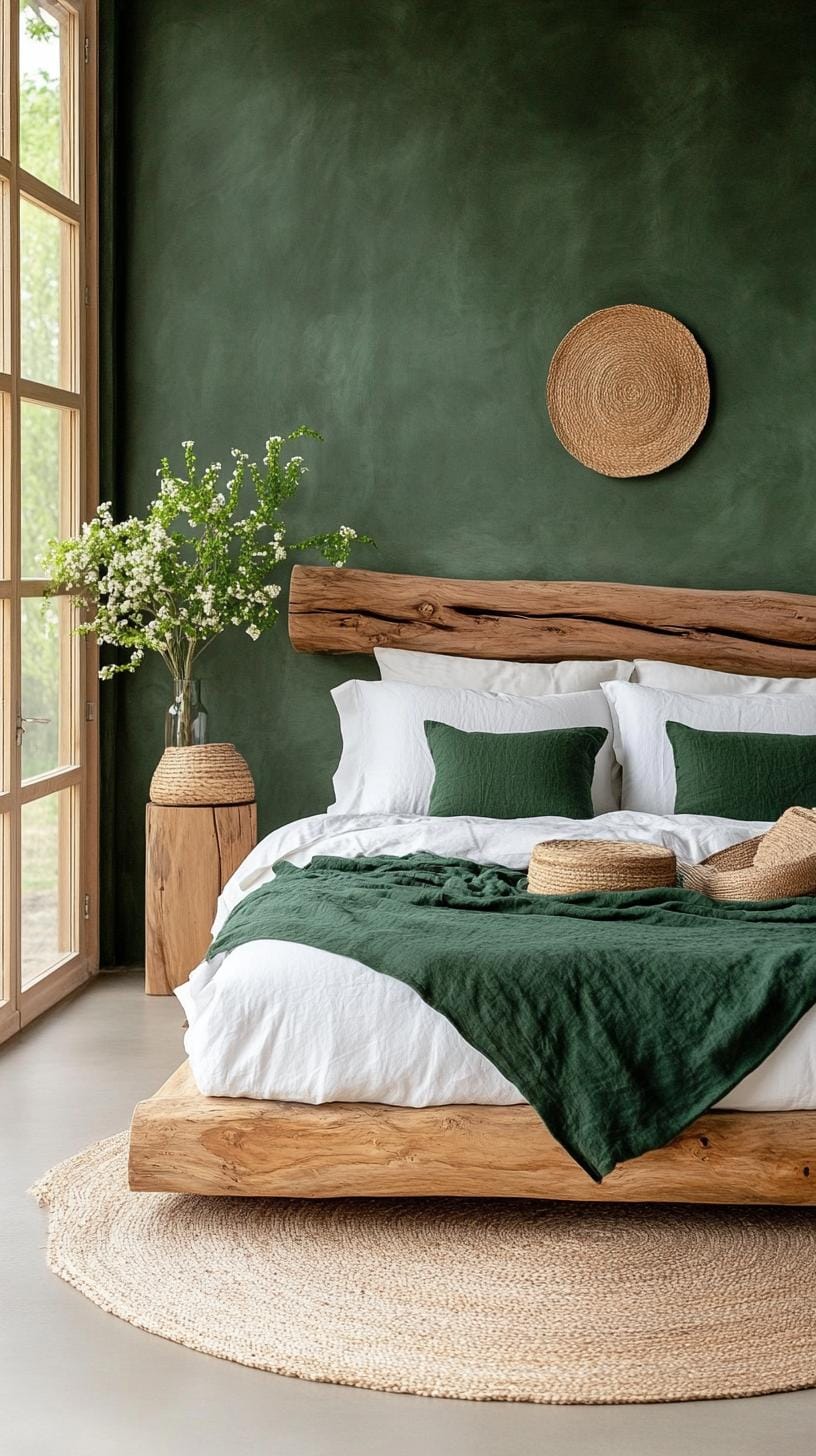20 moody green bedroom ideas for a cozy retreat 48 15. Wabi-Sabi-Minimalism: Minimalist green-tinted plaster walls paired with natural wooden elements for a balanced mood-1