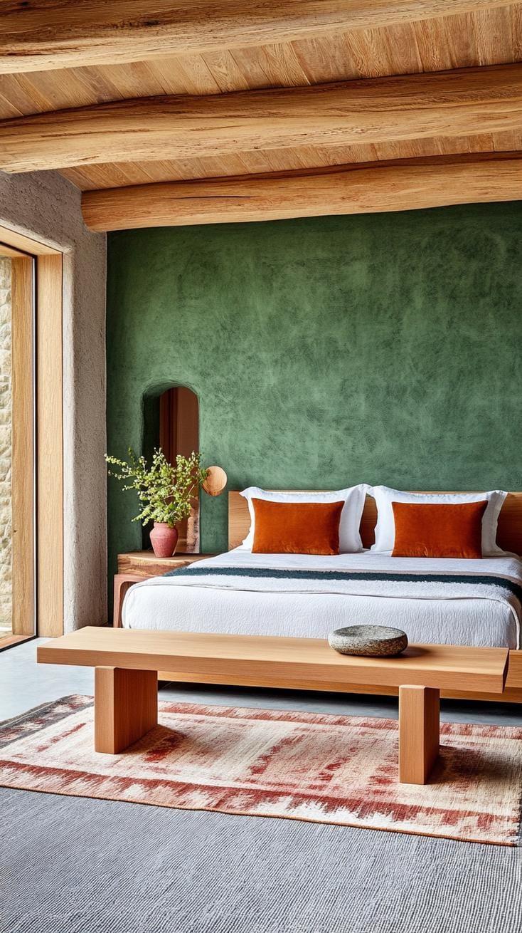 20 moody green bedroom ideas for a cozy retreat 49 15. Wabi-Sabi-Minimalism: Minimalist green-tinted plaster walls paired with natural wooden elements for a balanced mood-2
