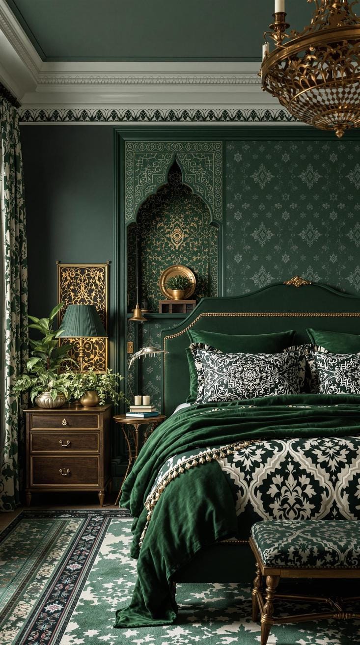 20 moody green bedroom ideas for a cozy retreat 51 16. Moroccan mysticism: Use dark, rich greens with complicated patterns and textures for an exotic, mystical feeling-1