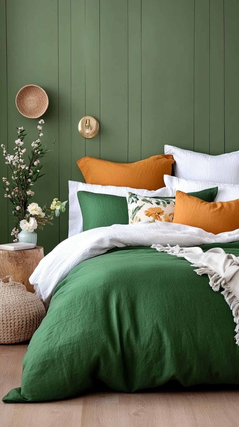 20 moody green bedroom ideas for a cozy retreat 61 19. Structured colors: different textures made of green fabric such as linen, wool and velvet for a tactile experience-1