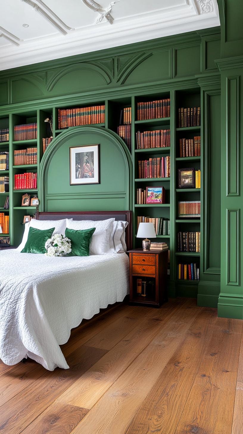 20 moody green bedroom ideas for a cozy retreat 59 18. Timeless library: Integrate Forest Green bookshelf shelves and decorative elements for a scientific atmospheric 2