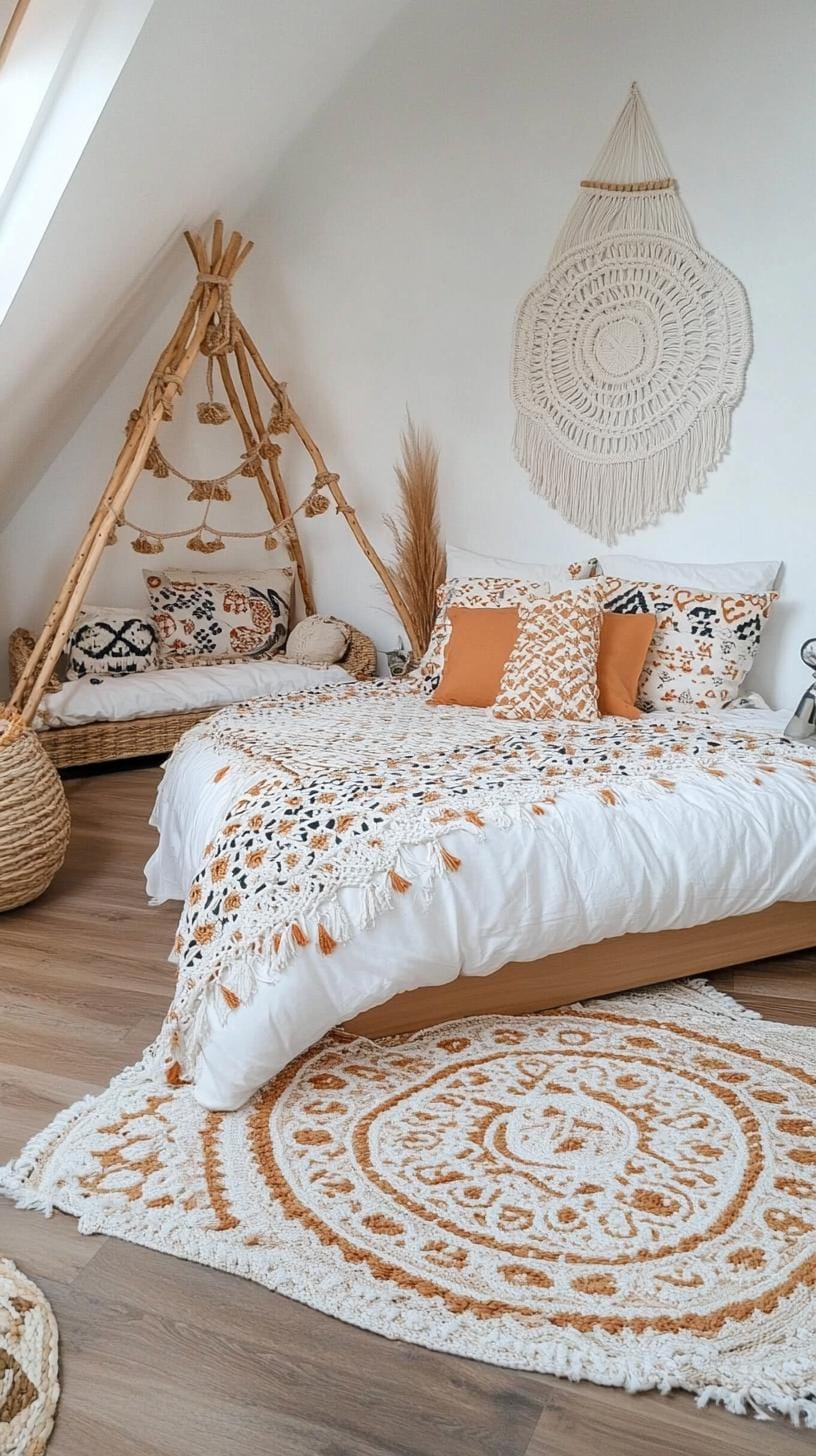 20 beautiful Boho bedroom for teenagers: ideas for 2025 4 1. Layered textures: Combine macramé walls with woven carpets and a mixture of patterned pillows for a cozy boho-Vibe-1
