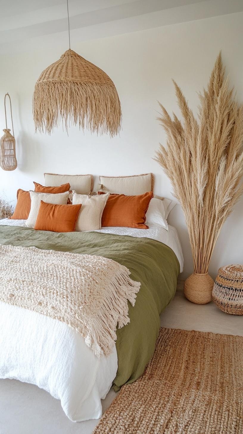 20 beautiful Boho bedroom for teenagers: ideas for 2025 8 2. Earthy neutral palette: Use soft beige, terracotta and sage green for a calming atmosphere, supplemented with dried pampas grass in Vase-2