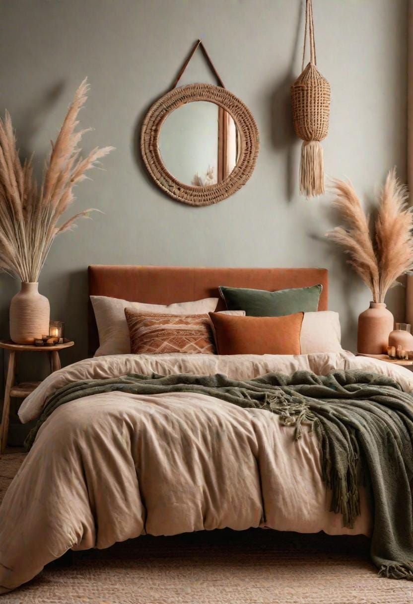 20 beautiful Boho bedroom for teenagers: ideas for 2025 7 2. Earthy neutral palette: Use soft beige, terracotta and sage green for a calming atmosphere, supplemented with dried pampas grass in vase-1