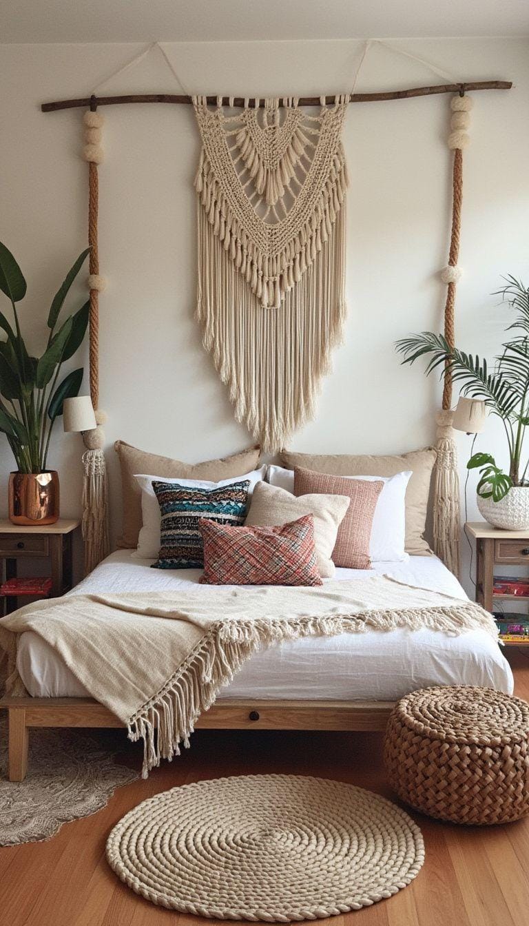 20 beautiful Boho bedroom for teenagers: ideas for 2025 5 1. Layered textures: Combine macramé walls with woven carpets and a mixture of patterned pillows for a cozy boho-vibe-2