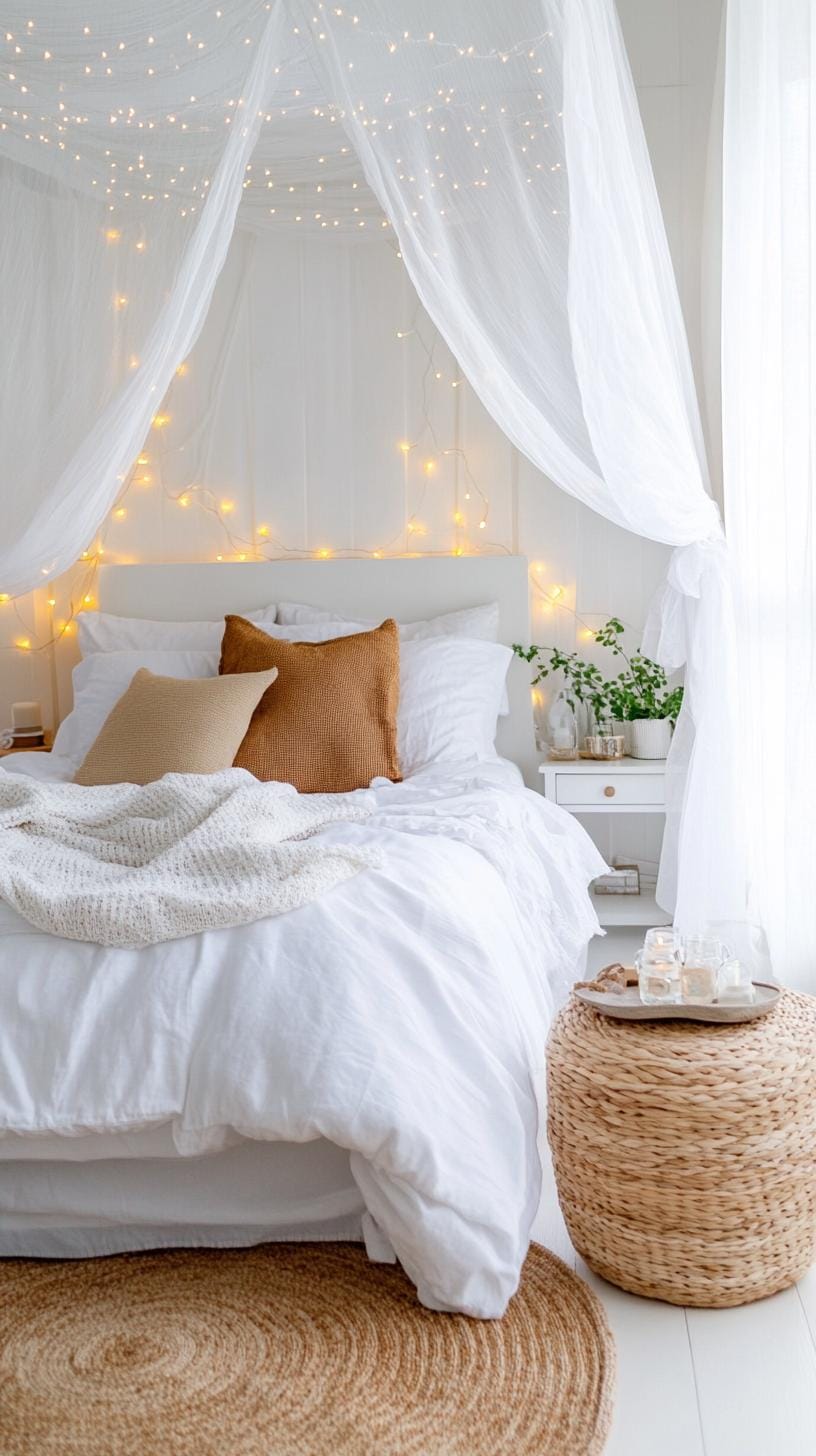 20 beautiful Boho bedroom for teenagers: ideas for 2025 14 4. Canopy Dreamscape: Create a dreamy ambience with a sheer roof over the bed and sparkling fairy lights that are intertwined 2