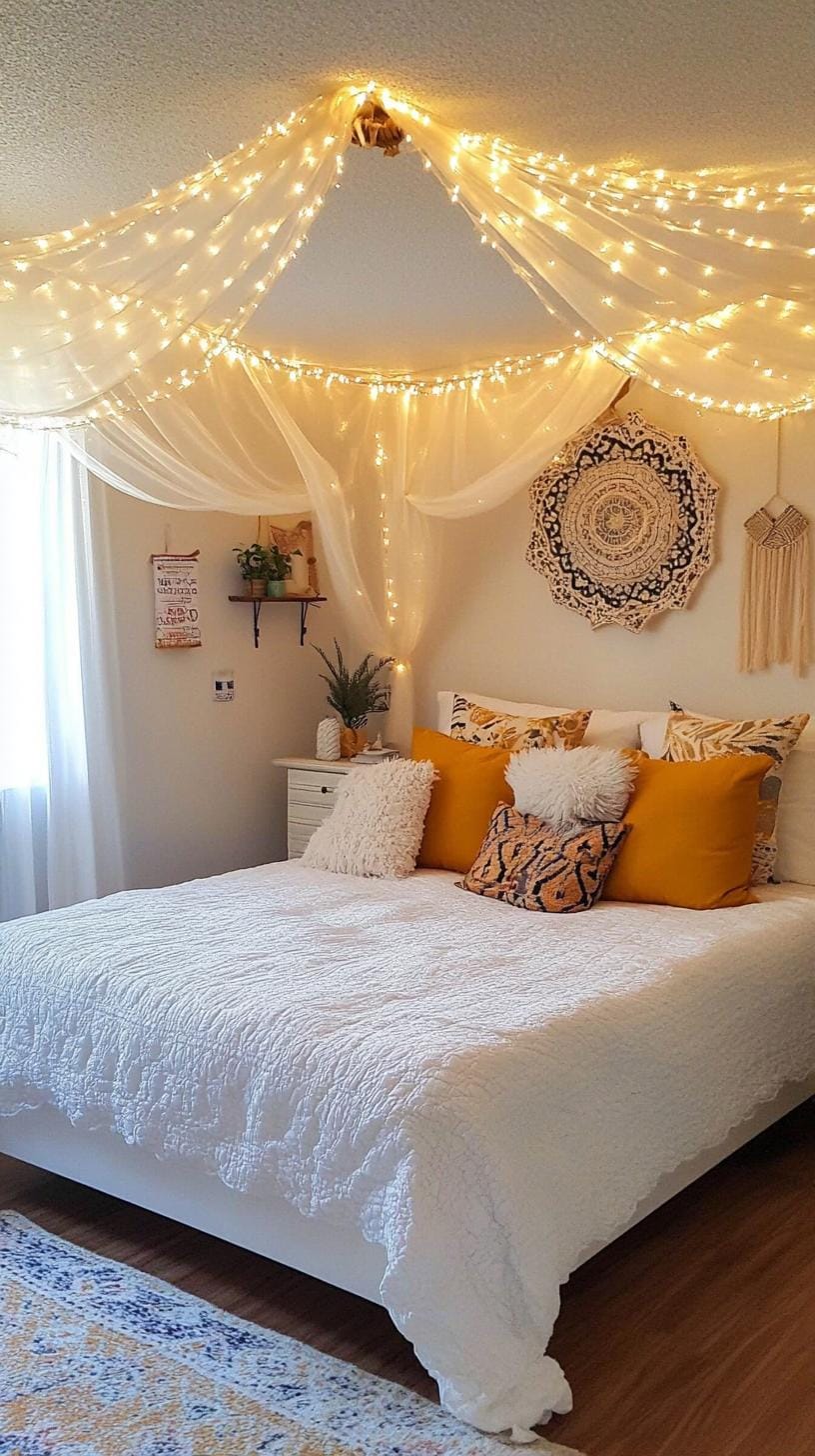 20 beautiful Boho bedroom for teenagers: ideas for 2025 13 4. Canopy Dreamscape: Create a dreamy ambience with a sheer roof over the bed and sparkling fairy lights that are intertwined. 1