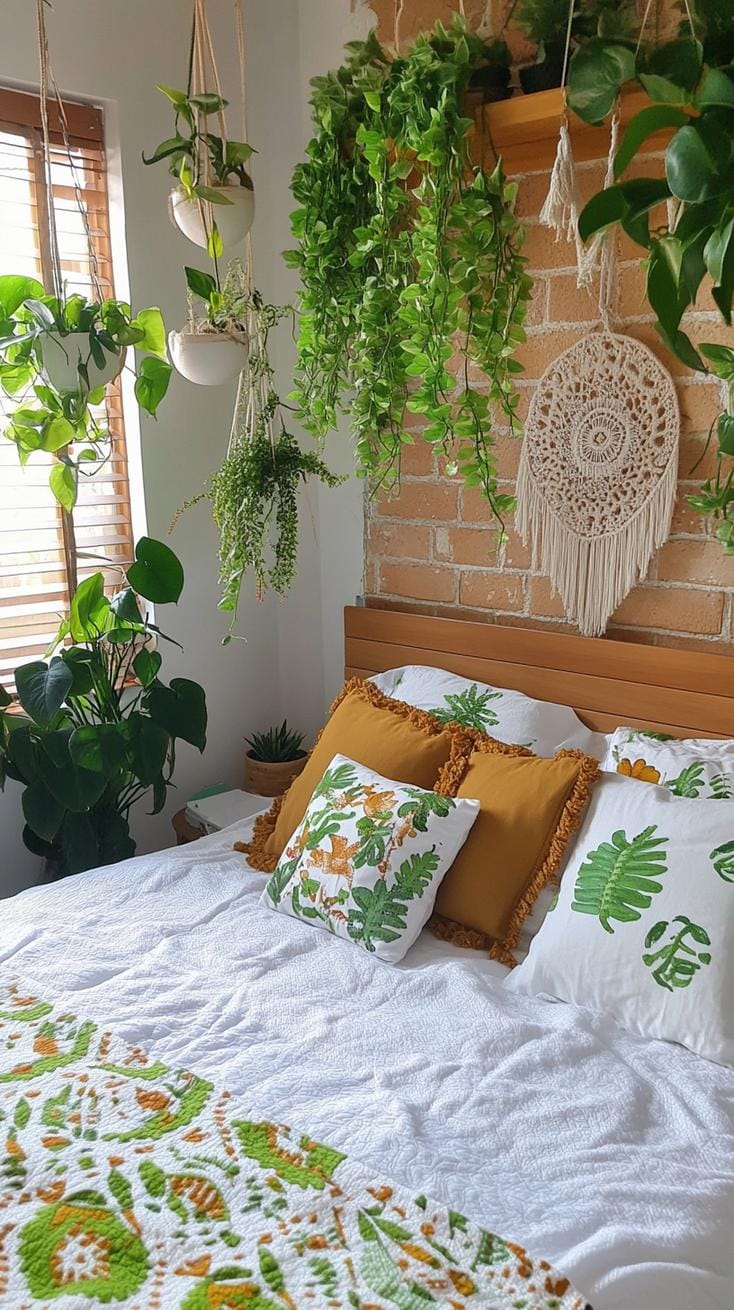 20 beautiful Boho bedroom for teenagers: ideas for 2025 23 7. Bohemian green oasis: add pot ferns, succulents and hanging plants to bring nature into the boho aesthetic-2