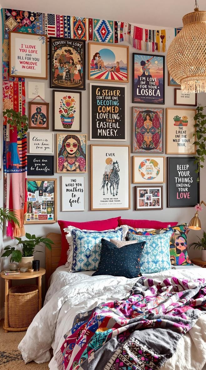 20 beautiful Boho bedroom for teenagers: ideas for 2025 19 6. Global art gallery: Design a wall with a versatile mixture of global inspired art, tapestries and quotations in wooden frame-1