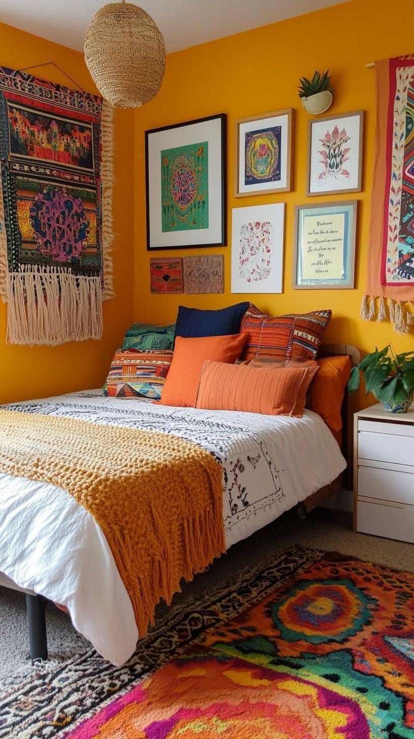 20 beautiful Boho bedroom for teenagers: ideas for 2025 20 6. Global art gallery: Design a wall with a versatile mixture of global inspired art, tapestries and quotations in wooden frame-2