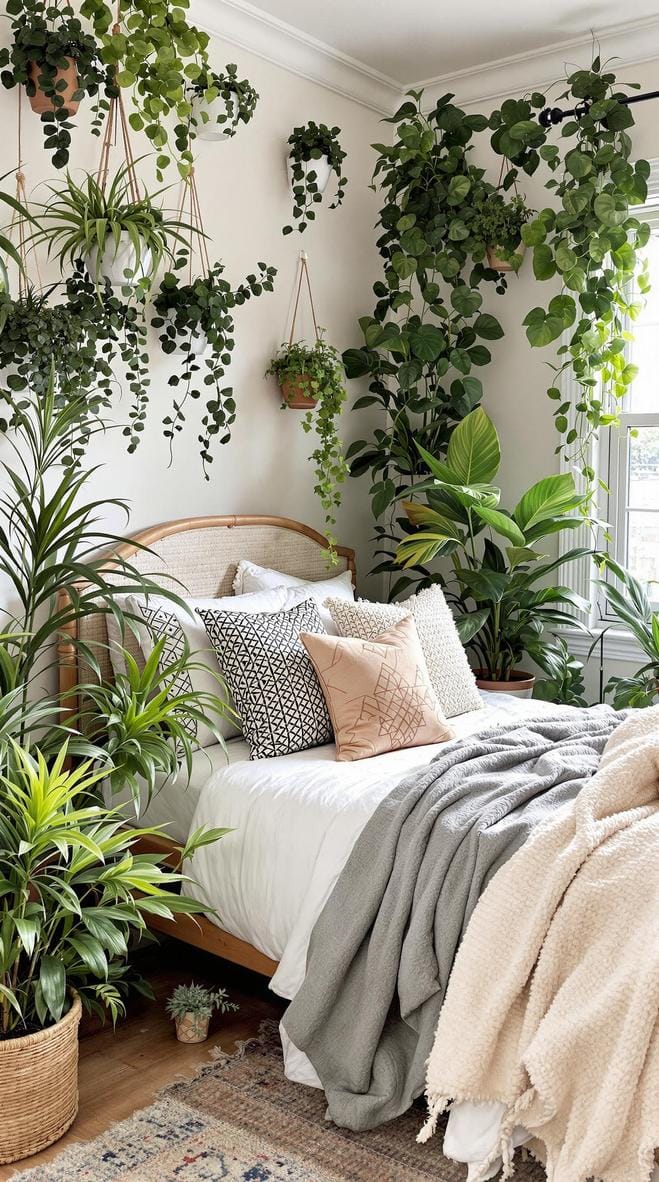 20 beautiful Boho bedroom for teenagers: ideas for 2025 22 7. Bohemian Green Oasis: Add top ferns, succulents and hanging plants to bring nature into boho aesthetic-1