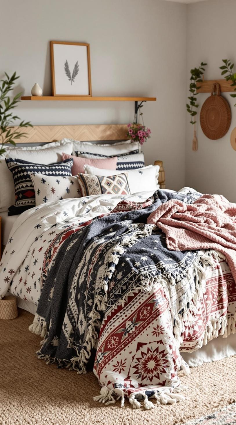 20 beautiful Boho bedroom for teenagers: ideas for 2025 32 10. Mix-and-match bed linen: layer ethylle printed bed cover with knitted throws for an effortless look-2