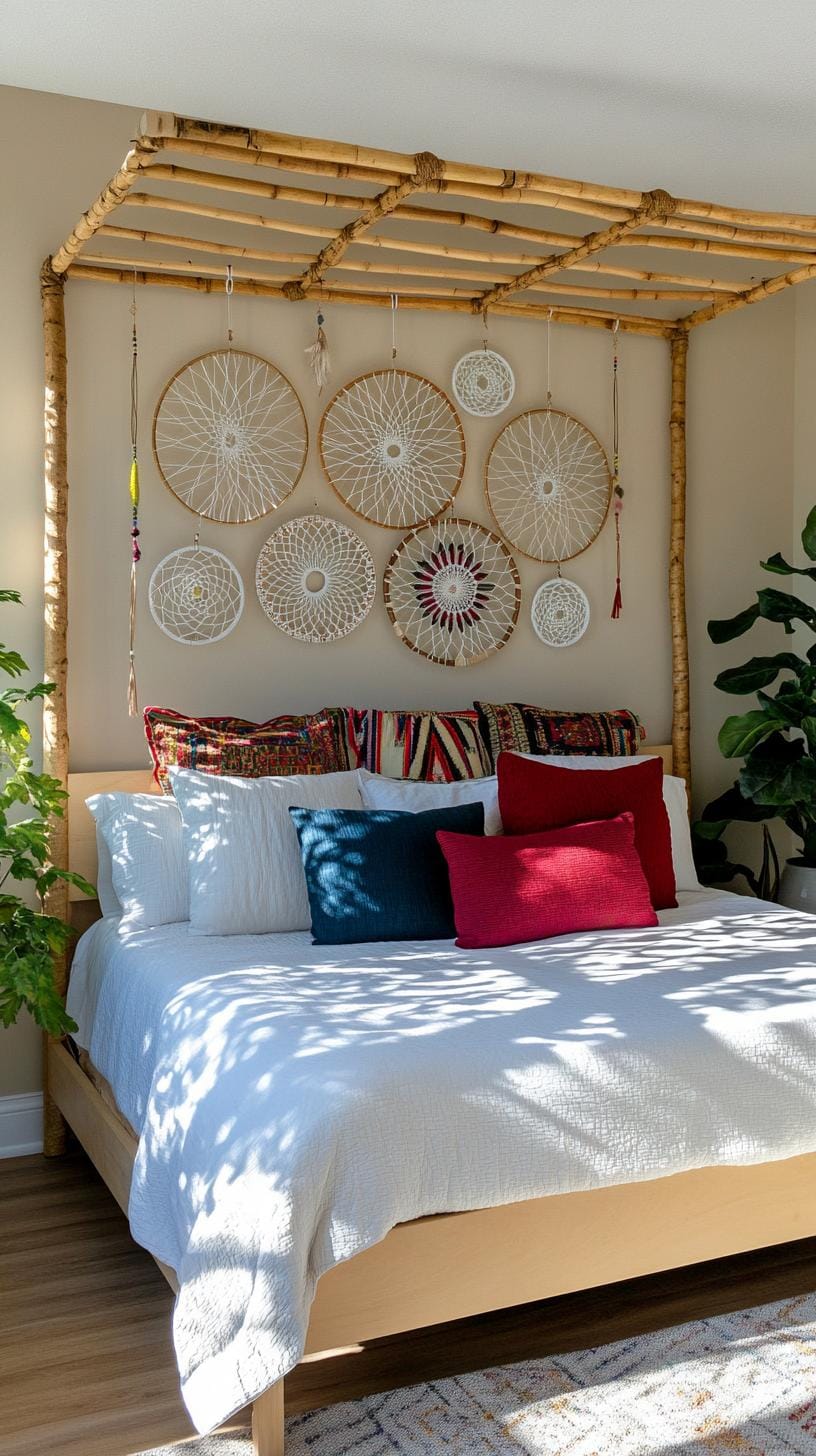 20 beautiful Boho bedroom for teenagers: ideas for 2025 34 11. Dream catcher installation: hang a number of dream catchers in different sizes and colors above the bed as a focus on point-1