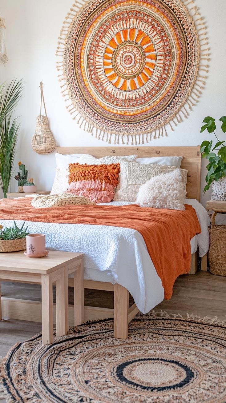 20 beautiful Boho bedroom for teenagers: ideas for 2025 42 14. Wallpower wall painting: Choose a large colorful or neutral wall carpet to fill a wall and act as a fascinating heart 1