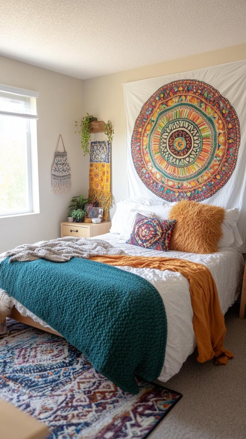 20 beautiful Boho bedroom for teenagers: ideas for 2025 43 14. Wallpower wall painting: Choose a large, colorful or neutral wall carpet to fill a wall and act as a fascinating heart 2