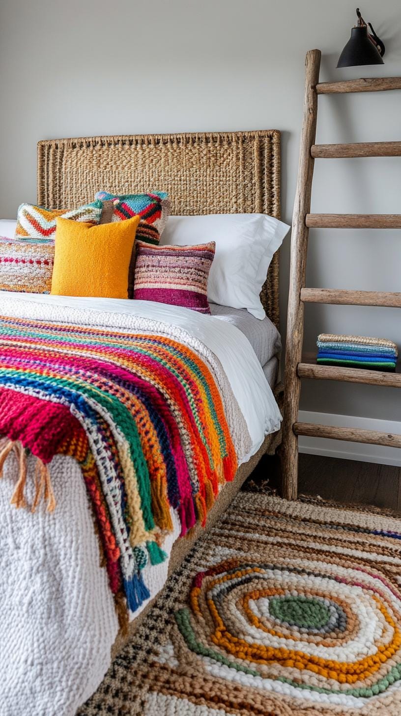 20 beautiful boho bedroom for teenagers: ideas for 2025 36 12. Rustic ladder display: Use a wooden ladder to display colorful blankets or woven litters, and give room 1 dimension.